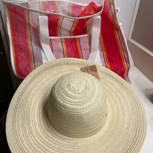 Shade and Shore Striped Pink and Orange Tote Bag with Sun Hat